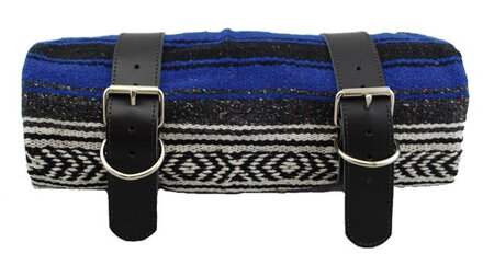Mexická deka s černými koženými pásky / modrá Serape