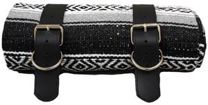 Mexická deka s černými koženými pásky / černobílá Serape