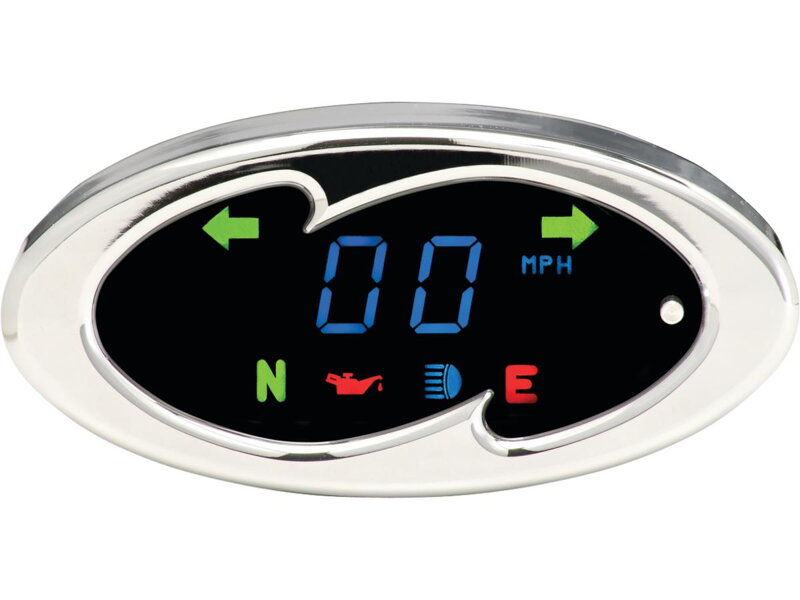 Wave Bar Mount Speedometer Scale: 255 mph; 255 km/h; Scale Color: black; Dimension: 4 1/4" x 2" Chrome