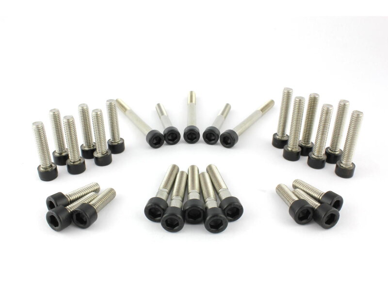 Complete Engine Screw Kit Screws for Indian Bagger, Cruiser, Touring Cam-, Inner Cam-, Sprocket-, Primary Cover, Starter, Horn Satin Black Powder Coated